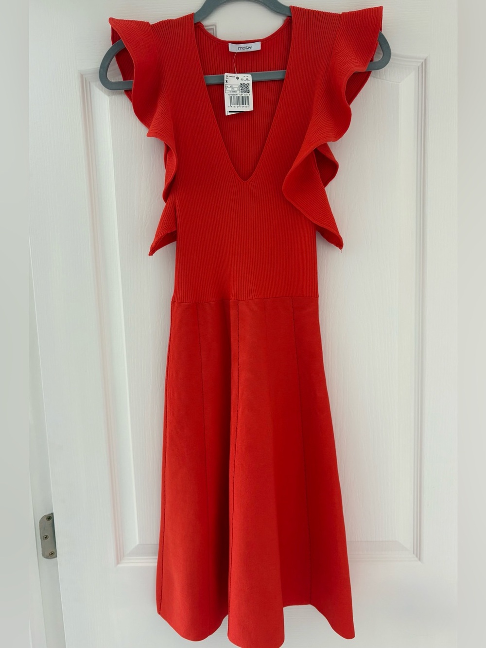 NWT Motivi Ruffle Sleeve V-Neck Ribbed Knit Fit and Flare Dress | Size US XS